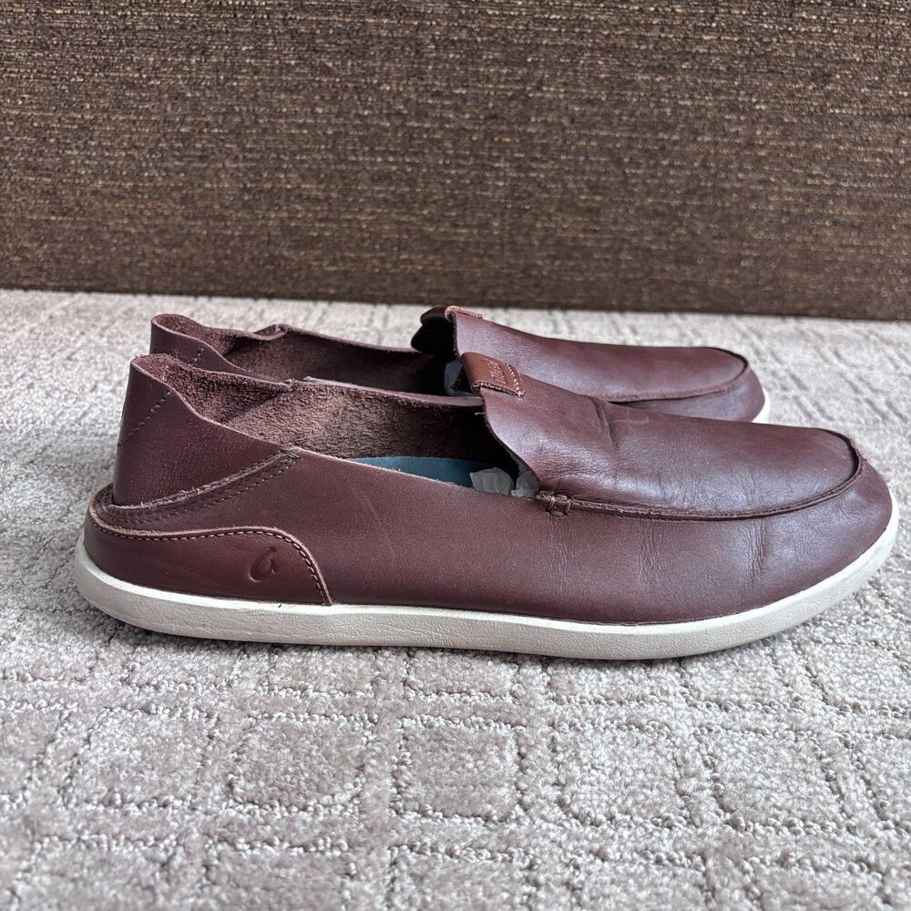OluKai Nalukai Leather Slip On Shoes Men 12 Brown Loafer Preppy Casual Drop Heel - Picture 4 of 9